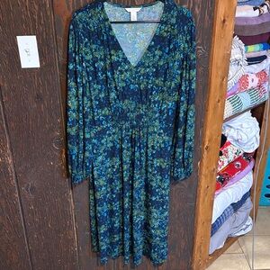 London Times Blue and Green Floral Long Sleeve Dress